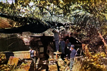 Una batteria francese di cannoni pesanti sotto una rete mimetica nella foresta, Verdun, settembre 1916